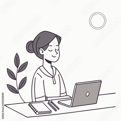 Vector Young woman meditating at office desk with closed eyes. Practicing mindfulness and relaxation for stress relief during work. Laptop, notebook nearby, promoting calm and focus in busy environmen