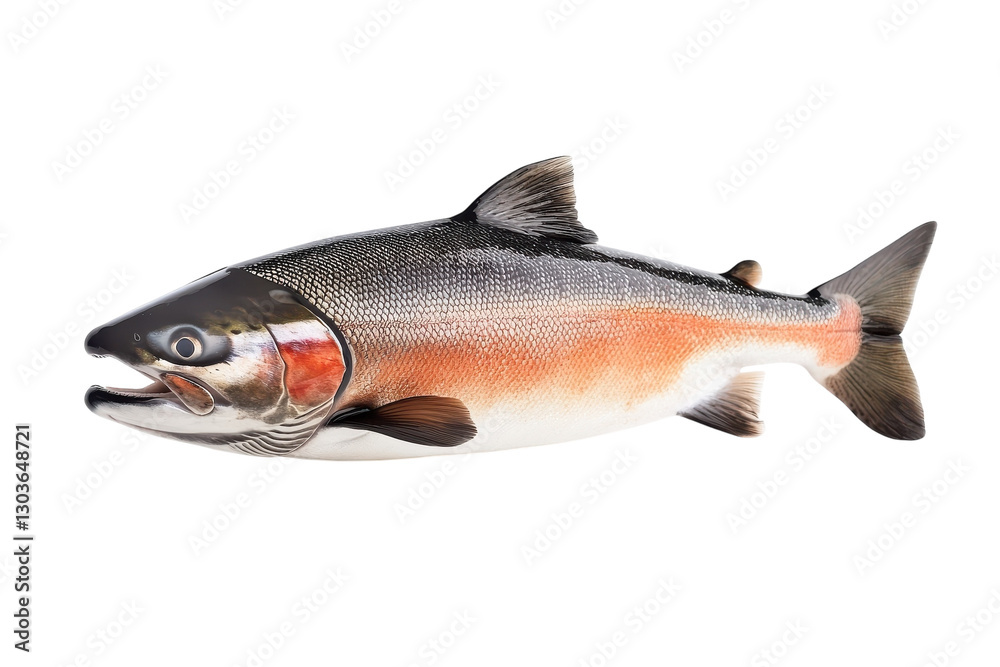A shiny, fresh salmon ready for preparation in a bright kitchen, showcasing its vibrant colors isolated on transparent background A shiny, fresh salmon ready for preparation in a bright kitchen, showcasing its vibrant colors isolated on transparent background