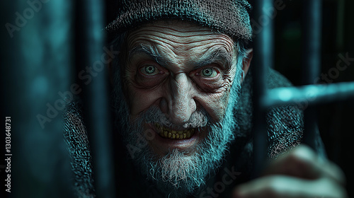 Scary inmate grinning behind bars in dark prison cell