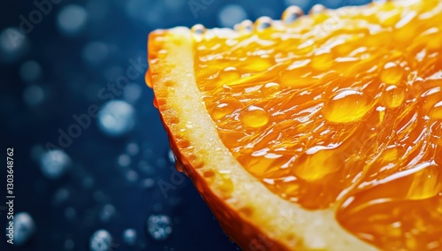 Close-up view of fresh orange slice with droplets glistening in warm sunlight at midday
