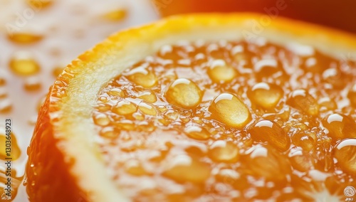 Close-up view of fresh orange slice with droplets glistening in warm sunlight at midday