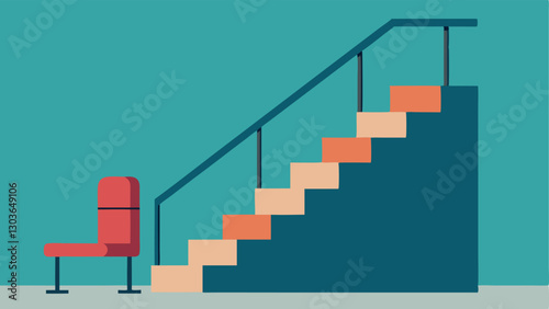 Stair Lift An illustration of a straight staircase with a sleek stair lift installed featuring a cozy chair that glides smoothly along a rail.