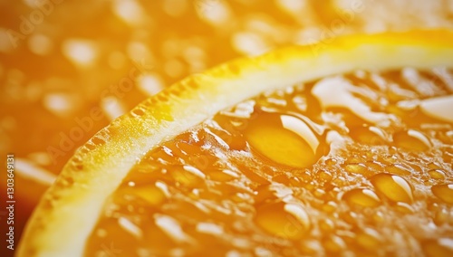 Close-up view of fresh orange slice with droplets glistening in warm sunlight at midday