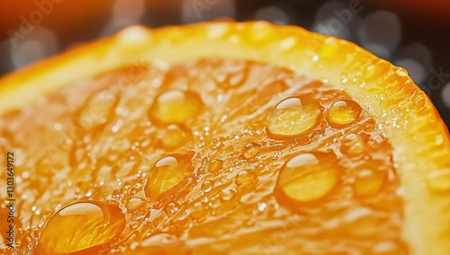 Close-up view of fresh orange slice with droplets glistening in warm sunlight at midday