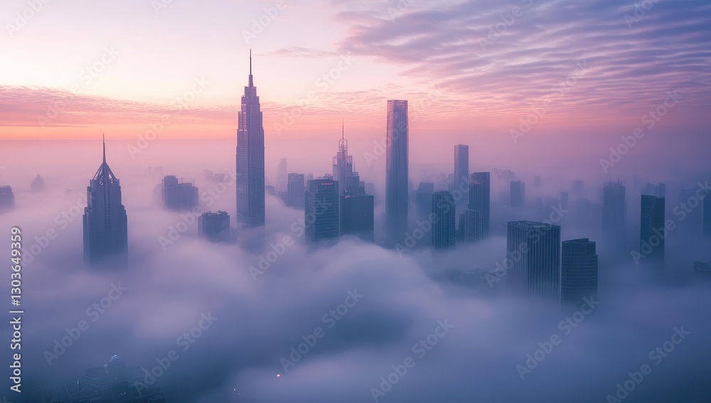 Obraz premium Misty Morning New York City Skyline: Empire State Building and Skyscrapers in Serene Urban Fog