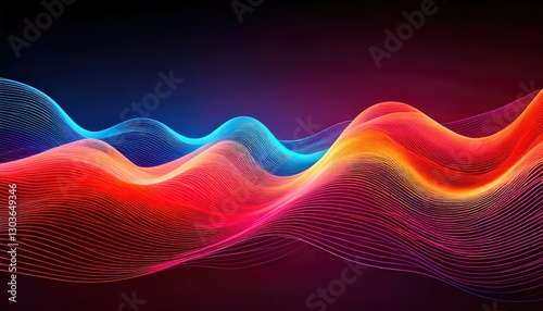 Abstract digital artwork featuring colorful, flowing waveforms in shades of blue, pink, orange.  AI Data stream.