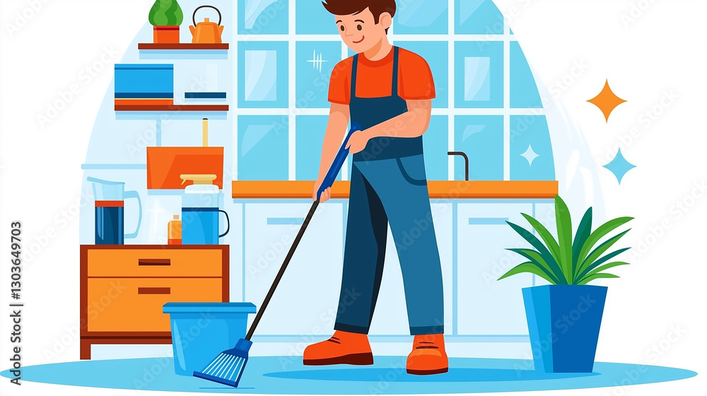 Fototapeta premium Janitor cleaning the kitchen floor with mop and bucket
