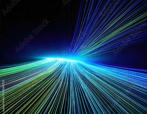 Background with glowing light blue and green lines, particles of data flowing in the air.
