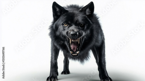Black wolf snarling showing teeth on white background