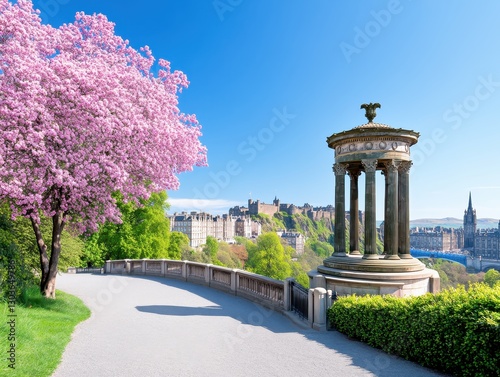 Scenic view of Edinburgh with cherry blossoms and historic architecture in spring