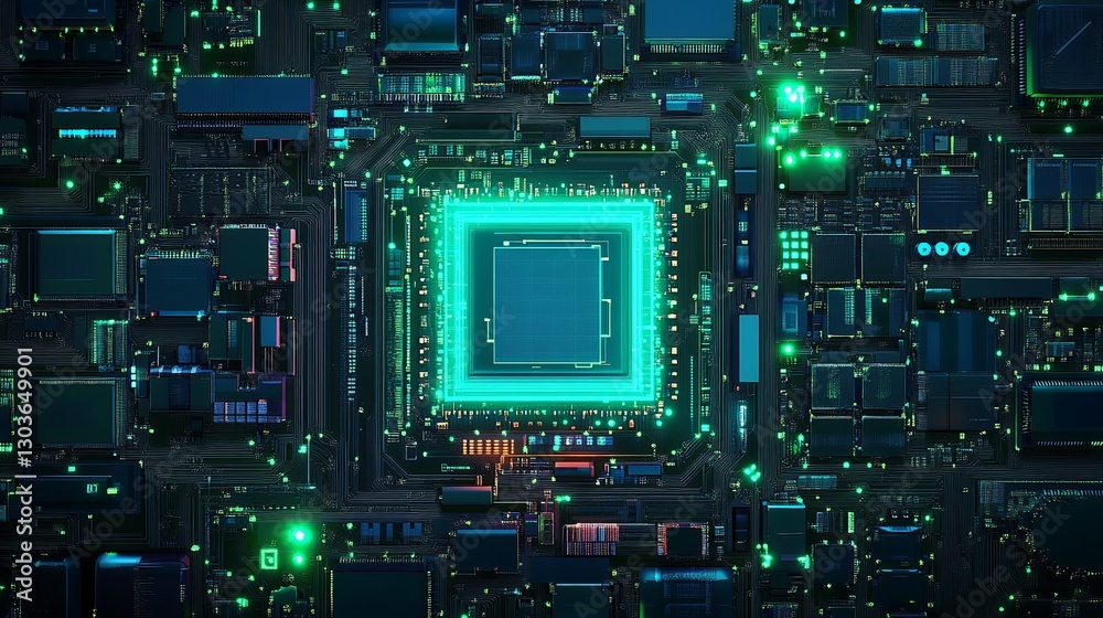 Futuristic glowing microchip on a high-tech circuit board with neon lights Futuristic glowing microchip on a high-tech circuit board with neon lights