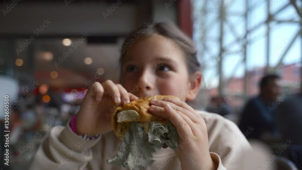 Young girl enjoying a tasty burger in a busy urban cafe setting Young girl enjoying a tasty burger in a busy urban cafe setting