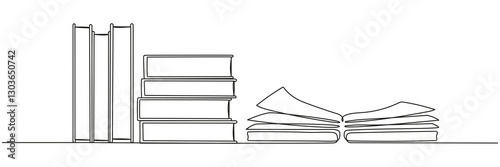 Stack of books with open book continuous line drawing. School education concept. Vector illustration isolated on white.