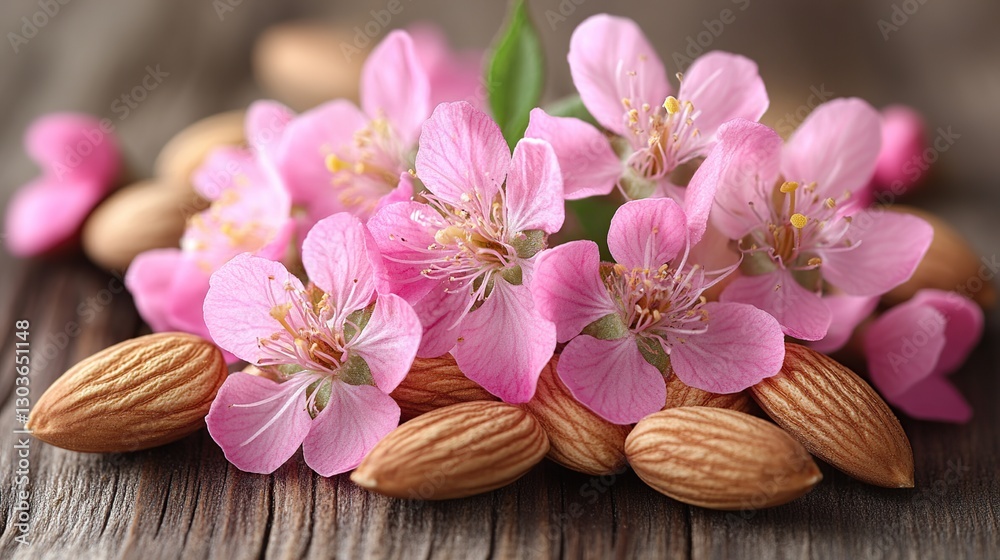 Pink almond blossoms on wooden surface with almonds Pink almond blossoms on wooden surface with almonds