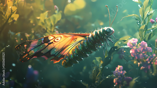 A caterpillar sees its future butterfly self, reflecting hope and growth. Rebirth - Phoenix. Illustration