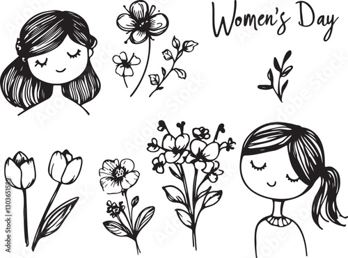 Women's day doodled drawings of women silhouettes and flowers