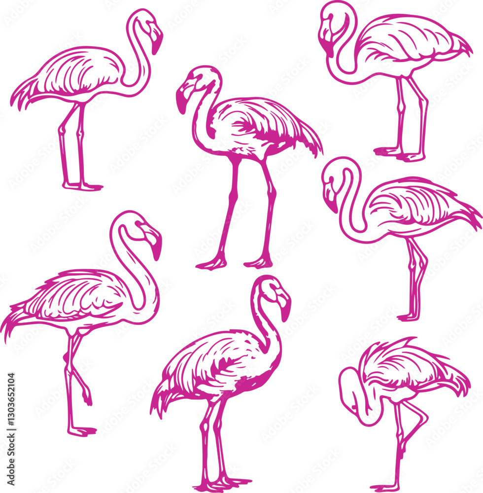 Obraz premium set of pink flamingo bird silhouette rubber stamps
