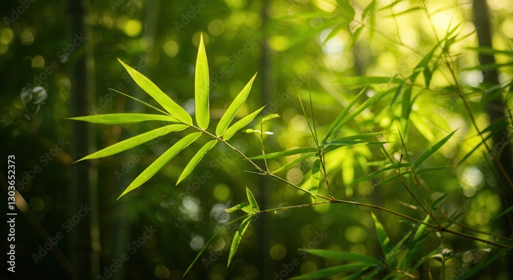 Naklejka premium Bamboo Forest Leaves and Stalks with Sunlight Filtering Through the Trees