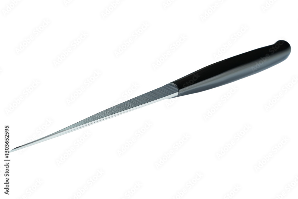 Elegant stainless steel knife resting on a smooth surface illuminated by soft natural light isolated on transparent background