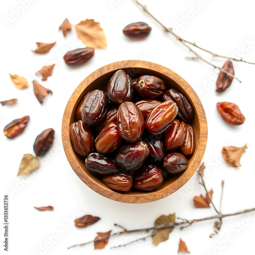 A wooden bowl filled with glossy dates, surrounded by dried leaves. 