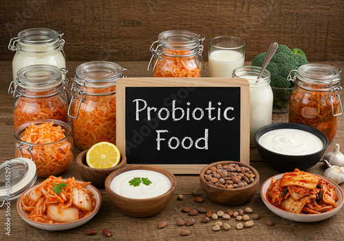 Probiotic Food Variety on Wooden Table. Probiotic food includes kimchi yogurt sauerkraut kefir and kombucha. Healthy eating concept with probiotic food