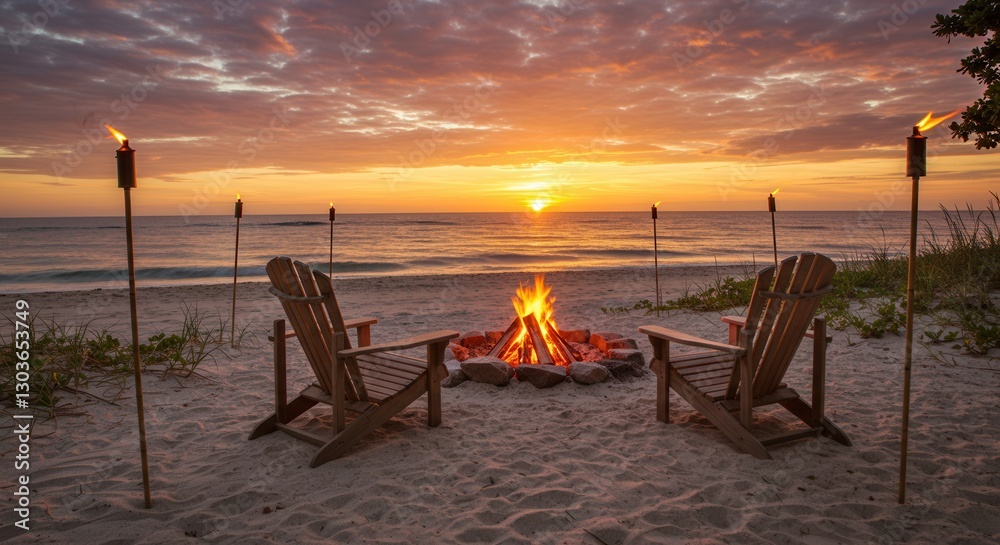Beach Campfire at Sunset with Adirondack Chairs and Tiki Torches Beach Campfire at Sunset with Adirondack Chairs and Tiki Torches