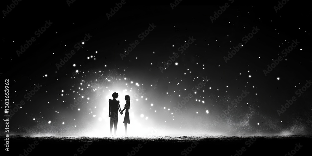 Fototapeta premium Silhouettes of a couple holding hands against a soft glowing background of sparkling particles