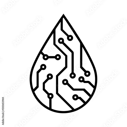 drop of water droplet interconnected printed circuit lines board, futuristic vector logo