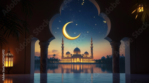 Crescent moon shining over grand mosque during ramadan nights