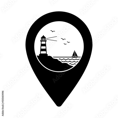 Free Download lighthouse with sea waves inside location pin, black silhouette - GFXLoad