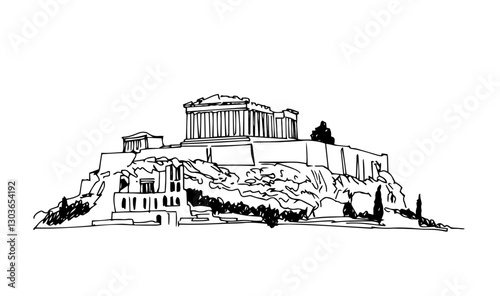 acropolis of athens with parthenon temple, hand drawn sketch