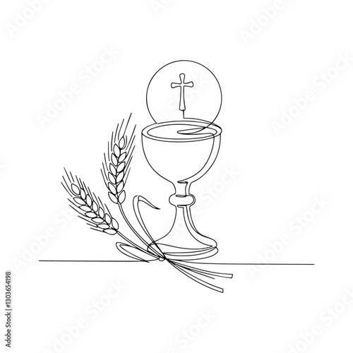 holy communion chalice with host and wheat, minimal line art