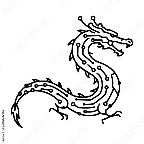 Fotografía dragon interconnected printed circuit lines board, vector technology logo