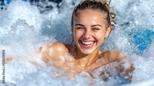 Woman laughing, hot tub, bubbles, summer fun
