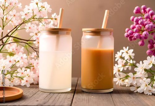 Two mockup glass cups with bamboo lids and straws, mockup cups, jar mockup