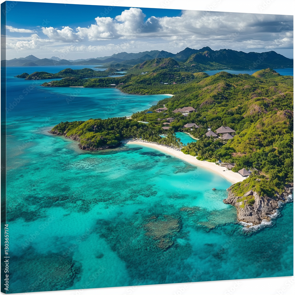 Scenic aerial view of a tropical island with crystal-clear turquoise waters and white sandy beaches. Scenic aerial view of a tropical island with crystal-clear turquoise waters and white sandy beaches.