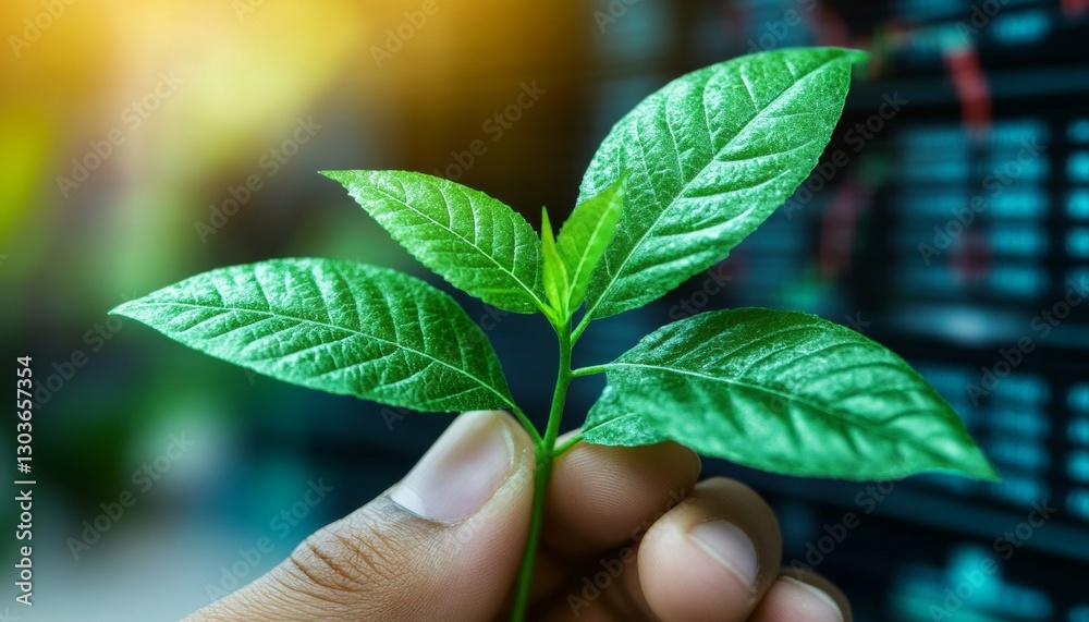 Green Growth, Sustainable Technology. A Hand Holding a Plant, Symbolizing Eco-Conscious Innovation. Green Growth, Sustainable Technology. A Hand Holding a Plant, Symbolizing Eco-Conscious Innovation.