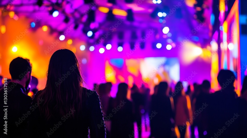 Crowd at a vibrant event with colorful lights and dynamic visuals in the background Crowd at a vibrant event with colorful lights and dynamic visuals in the background