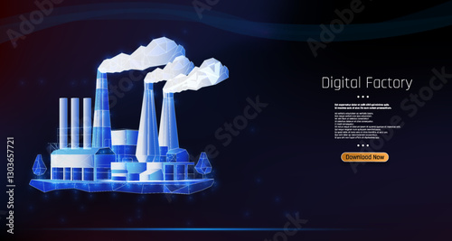 Modern digital factory with smokestacks and futuristic design showcasing innovative manufacturing technologies.