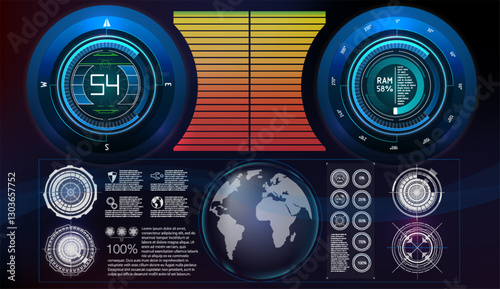 Futuristic digital dashboard displaying system performance and global data metrics with vibrant graphical elements