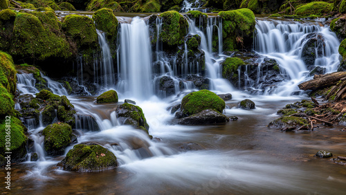 Tranquil Forest Waterfall with Moss-Covered Rocks