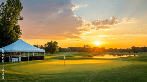 Scenic sunset over a golf course with a tent, water reflection, and lush greenery