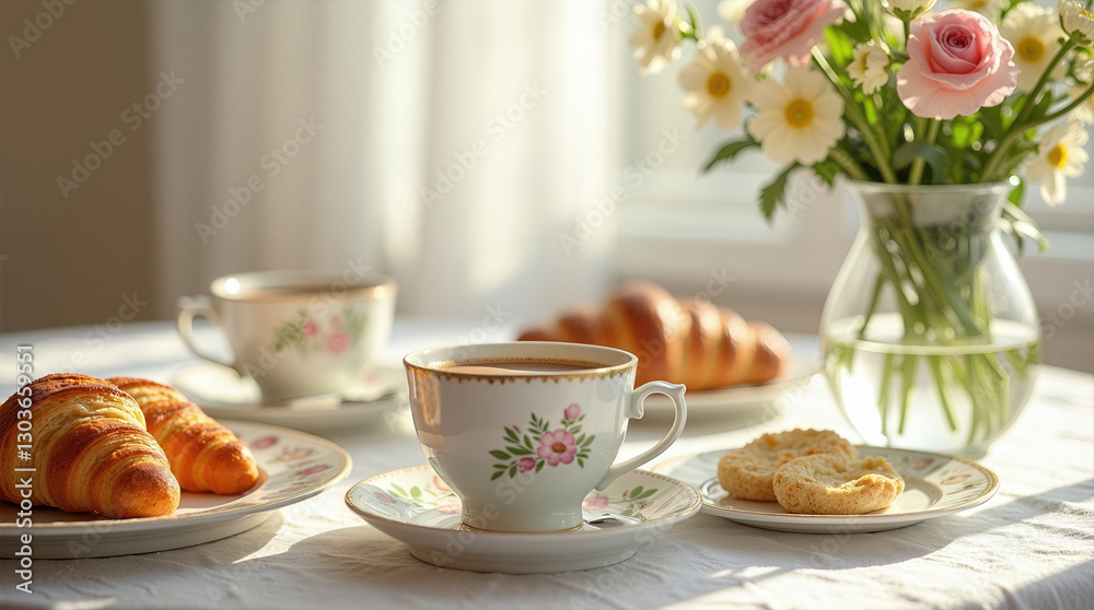 8 of March concept: Elegant Breakfast Table with Coffee, Croissants, and Spring Flowers 8 of March concept: Elegant Breakfast Table with Coffee, Croissants, and Spring Flowers