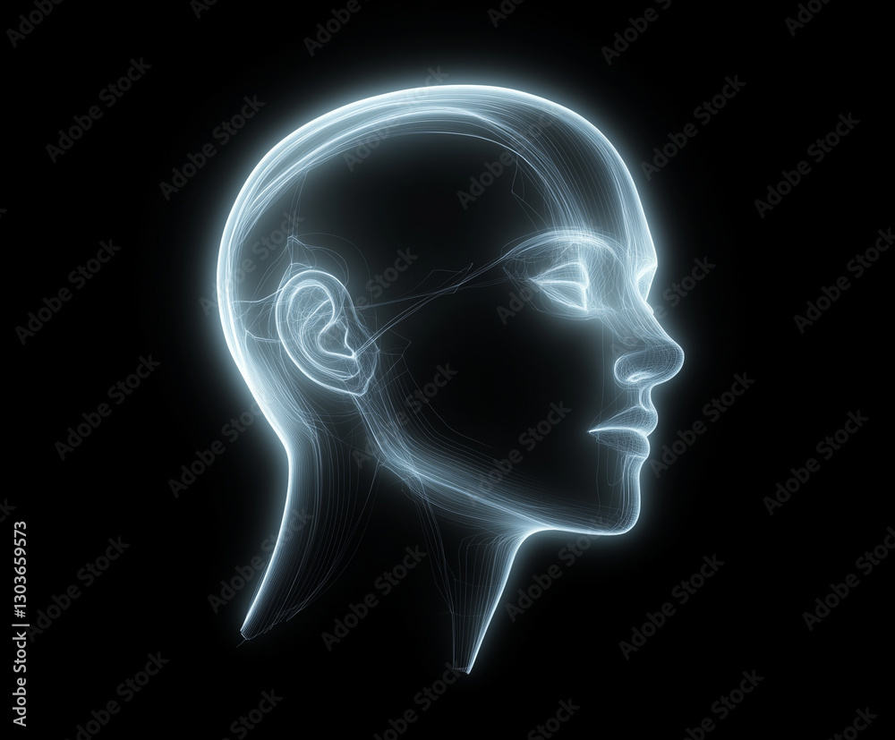 Glowing 3D human head outline made entirely of neon Glowing 3D human head outline made entirely of neon