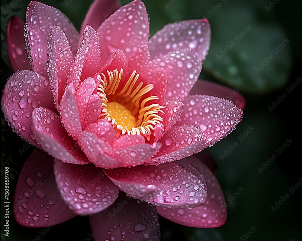 Pink water lily with rain drops close up