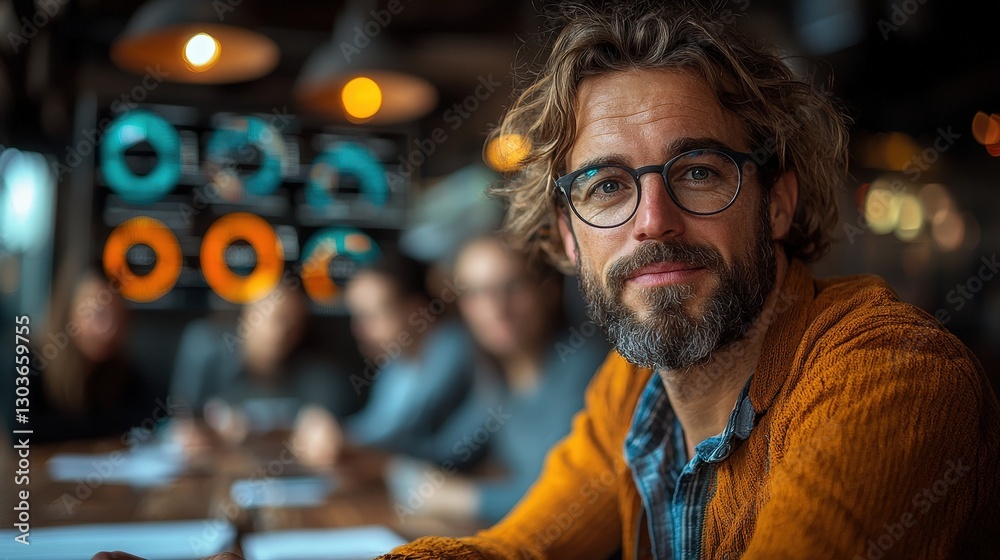 A man with glasses and beard in a meeting setting A man with glasses and beard in a meeting setting