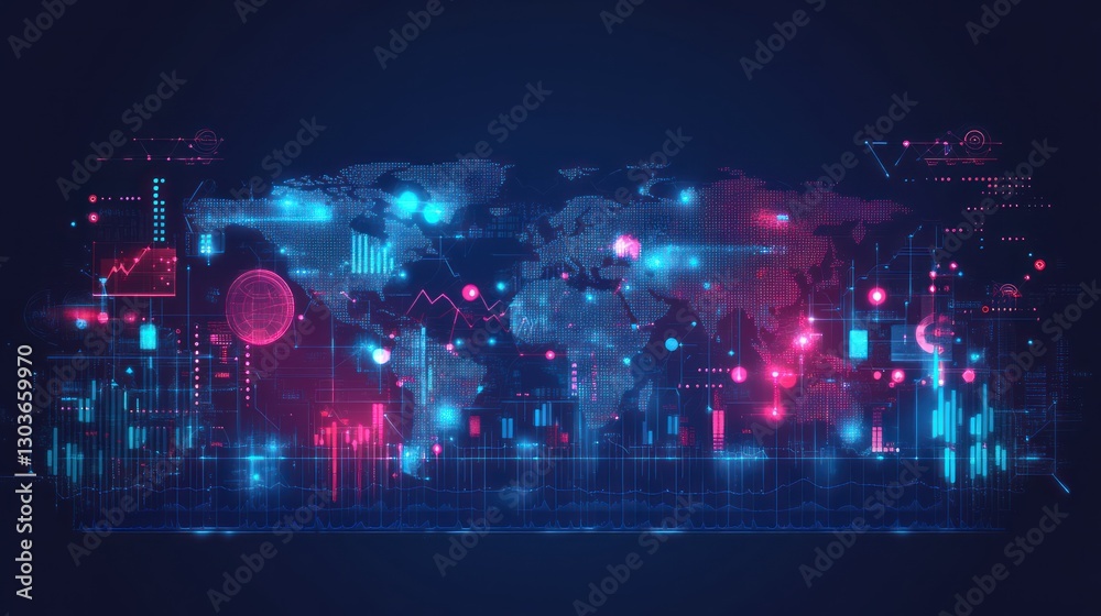 Obraz premium Global Data Visualization - World Map with Charts and Graphs - Abstract Background - Stock Photo