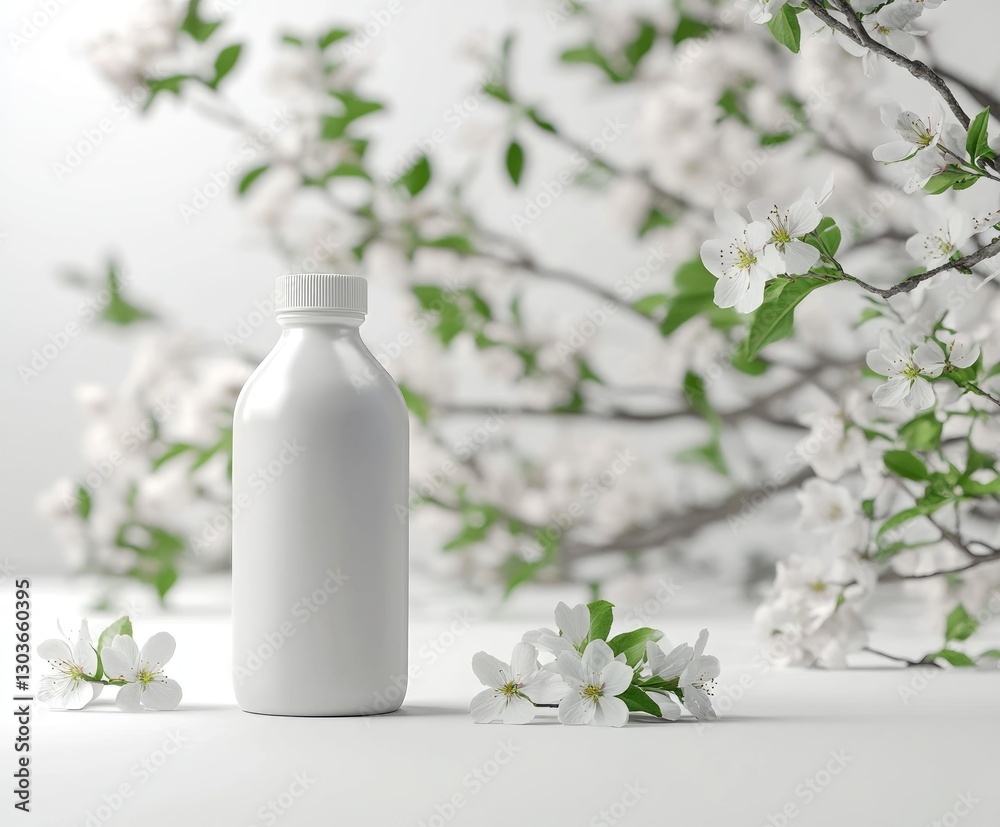 Sleek bottle mockup stands elegantly against a soft natural backdrop adorned with cherry blossoms, ideal for showcasing fresh branding and packaging concepts Sleek bottle mockup stands elegantly against a soft natural backdrop adorned with cherry blossoms, ideal for showcasing fresh branding and packaging concepts