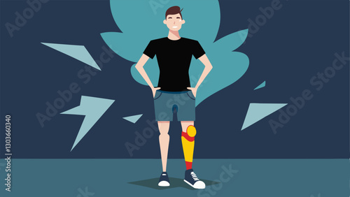 Street Style A fashionable young person with a prosthetic leg sporting stylish denim shorts and a graphic tee with custom fabric prints capturing the essence of modern street style