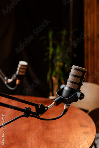 Discussion on various topics with microphones set up in a cozy podcast studio featuring relaxed wooden decor